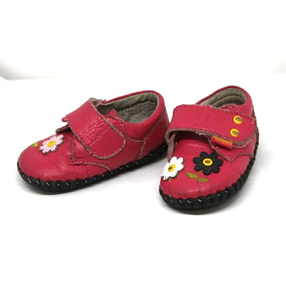 Pediped Flex 12-18 Months Infant Girls Mary Janes Pink Flower Leather Shoe